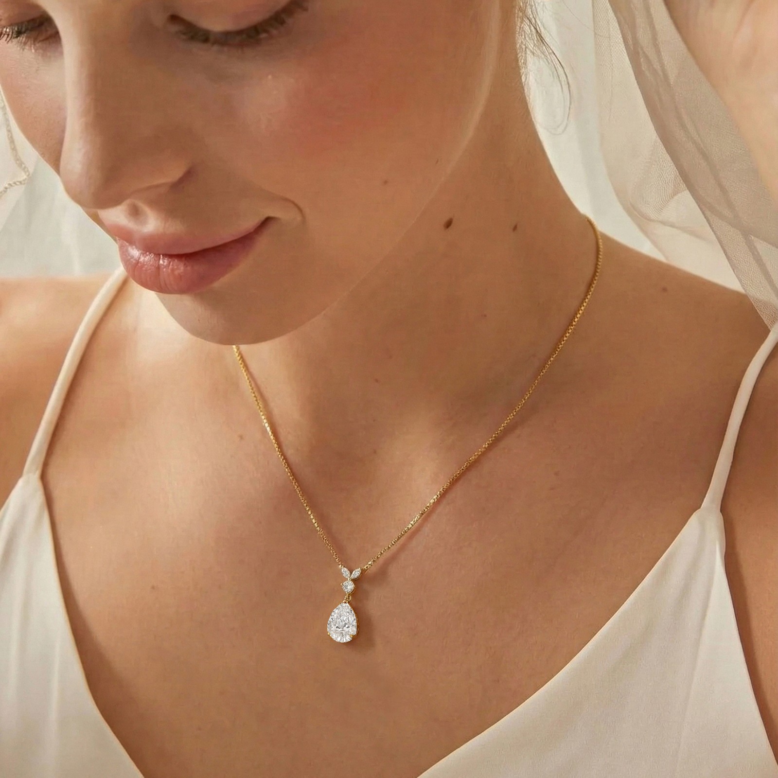 Simulated Diamond Pendant Necklace Pear Cut Gold, CZ Teardrop Necklace