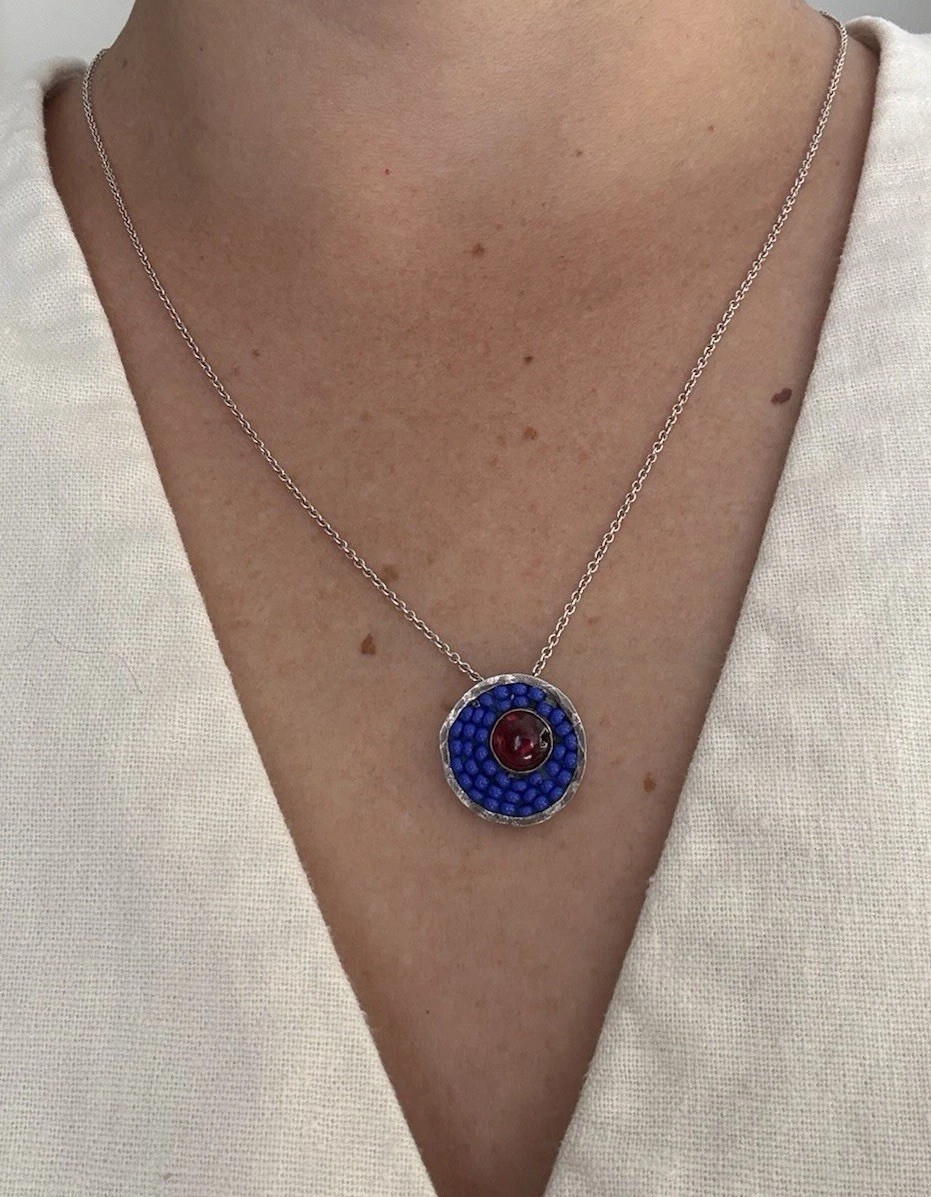 925 Italy Sterling Silver Artisan Pendant Necklace Red Cabochon Blue Beads