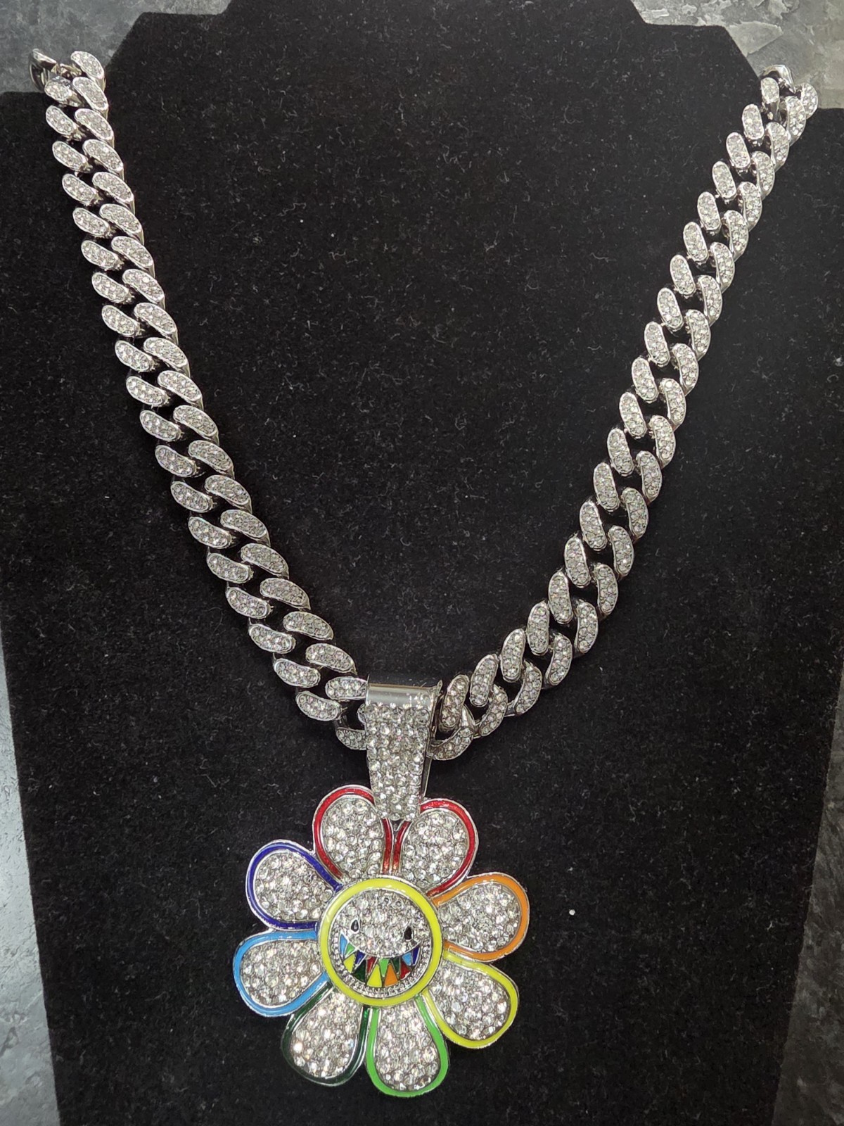 Iced Out Rainbow Flower Pendant Cuban Chain Set Silver Plated CZ Stones 24″×14mm