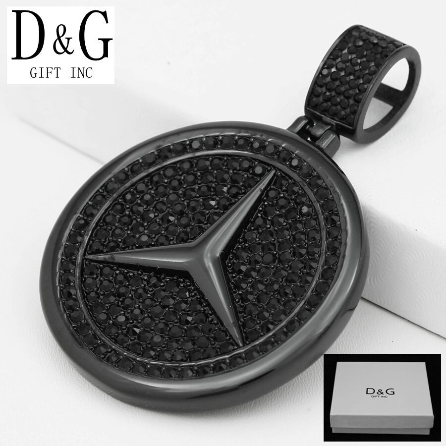 DG Men’s Stainless-Steel Black 64mm Round Icy Bling CZ Sign Pendant,BOX