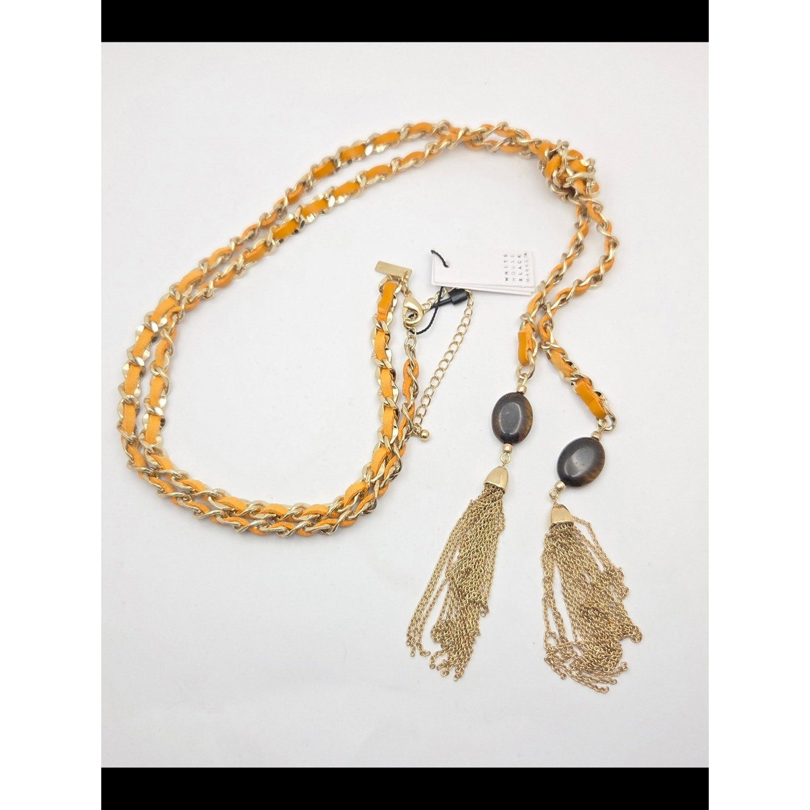 NWT White House Black Market Yellow Leather Gold Chain Lariat Tassel Necklace