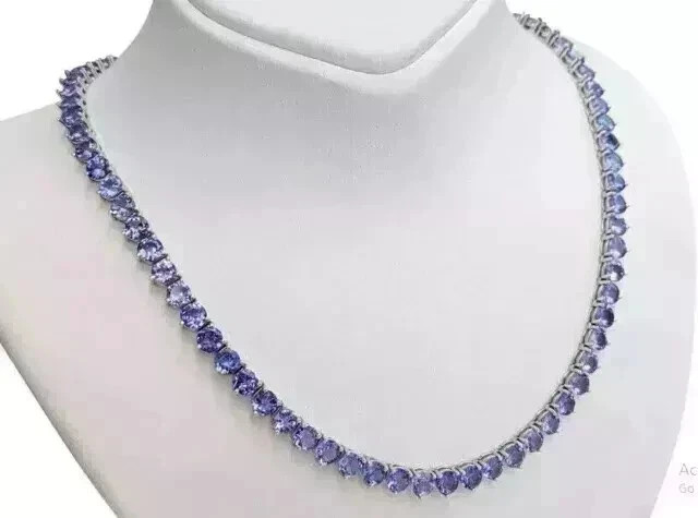 18CT Round Cut Simulated Tanzanite Women’s Tennis Necklace 14K White Gold Plated