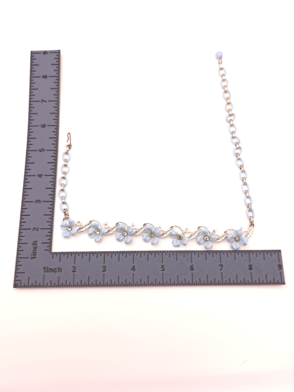 Silver Tone Blue Flower Pendant Necklace Rhinestone Crystal Cable Chain Hook