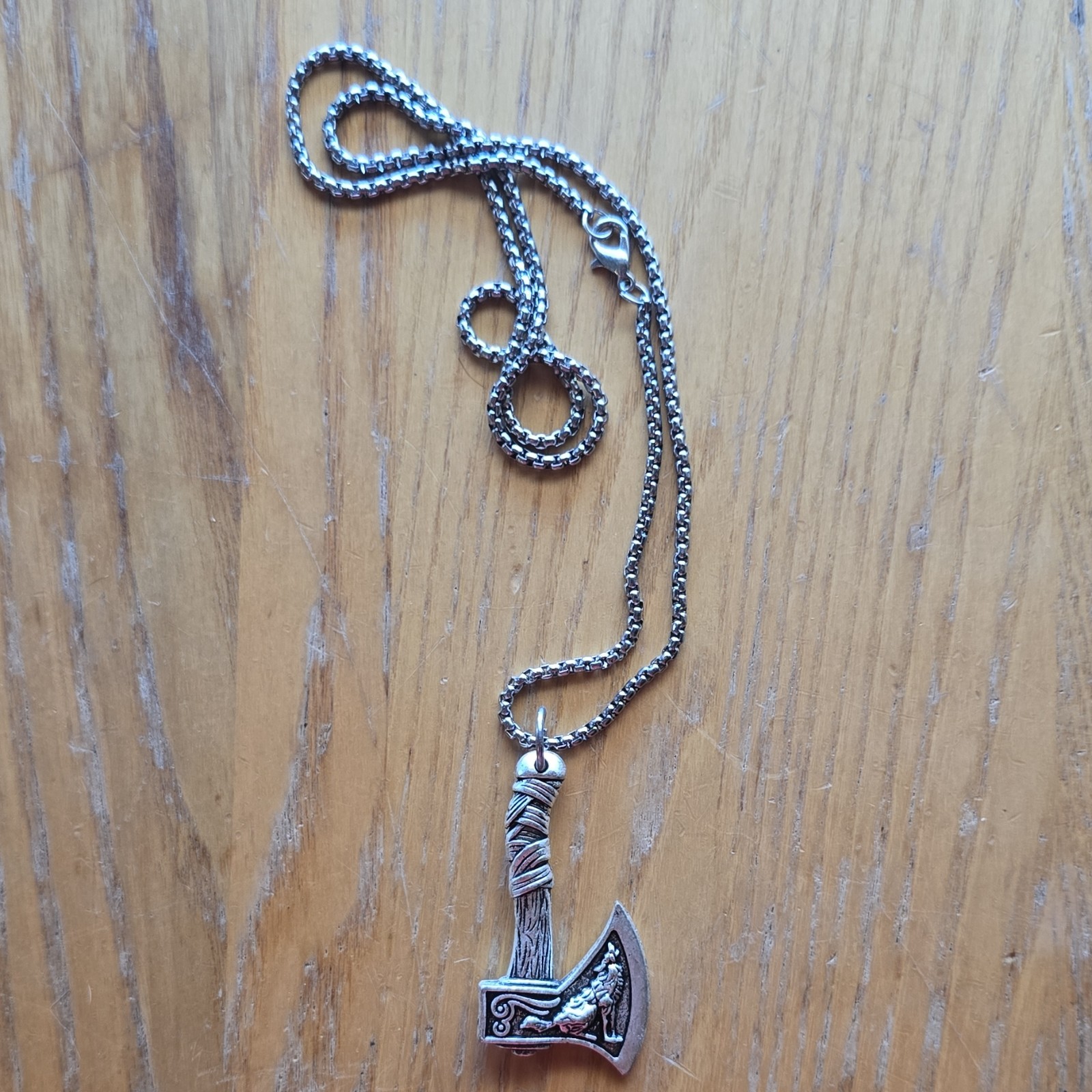 Viking Silver Tone Metal Axe Charm Pendant Necklace Box Chain Spring Ring