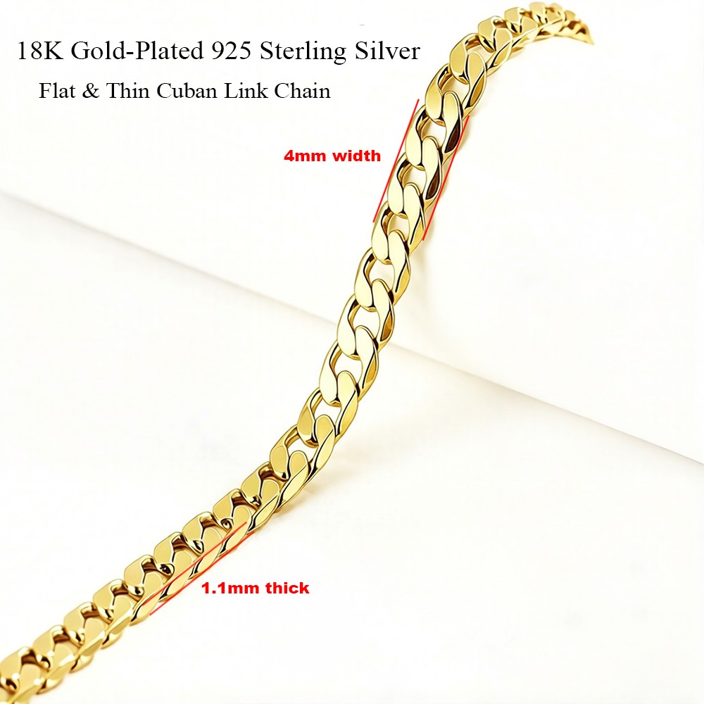 Flat & Thin 18K-GP 925 Sterling Silver 4mm Cuban Link Chain Necklace Curb Chain