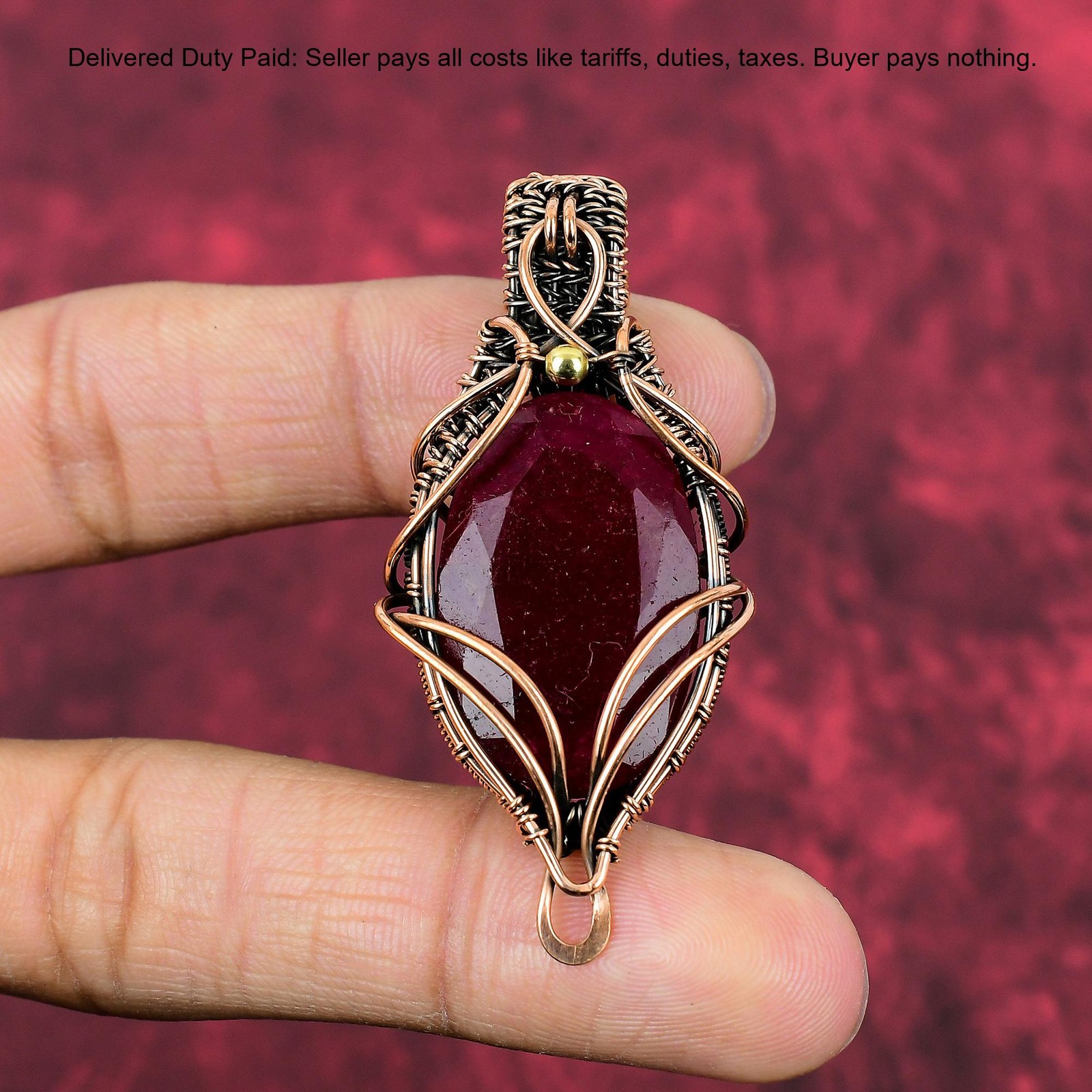 Copper Oval Kashmir Rubi Gemstone Birthday Wire Wrapped Artisan Pendant Jewelry