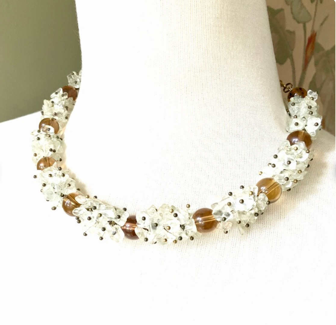 Cluster necklace quartz crystal choker natural stone beaded polka dot statement