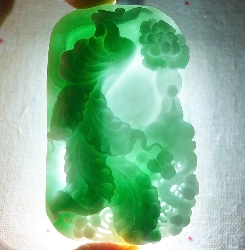 Cer’d Natural Type A Green Jadeite Jade Phoenix Kwan-yin Flower Pendant 8649