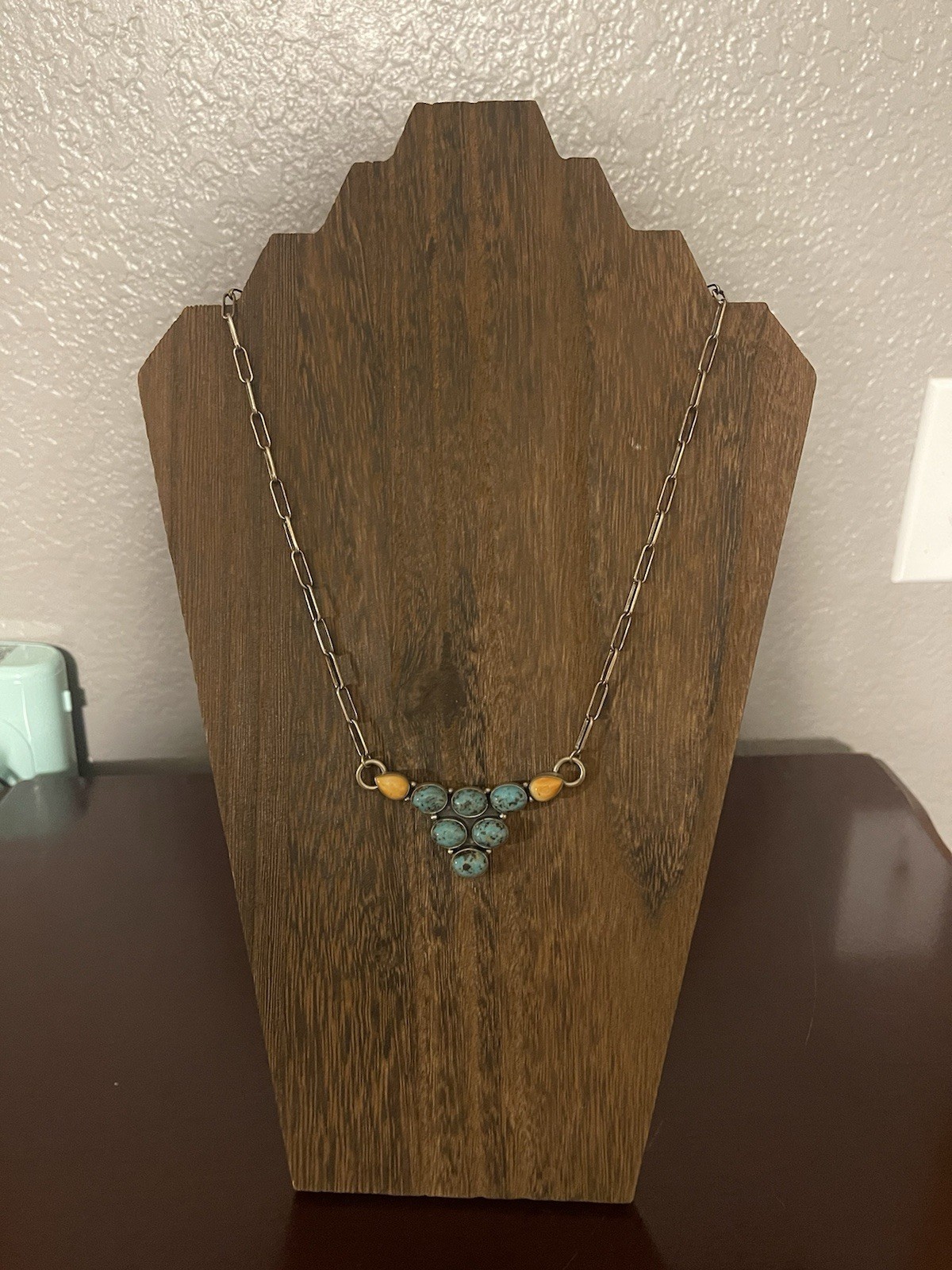 Sterling Silver 925 Turquoise & Orange Spiny Longhorn Necklace, Native Signed