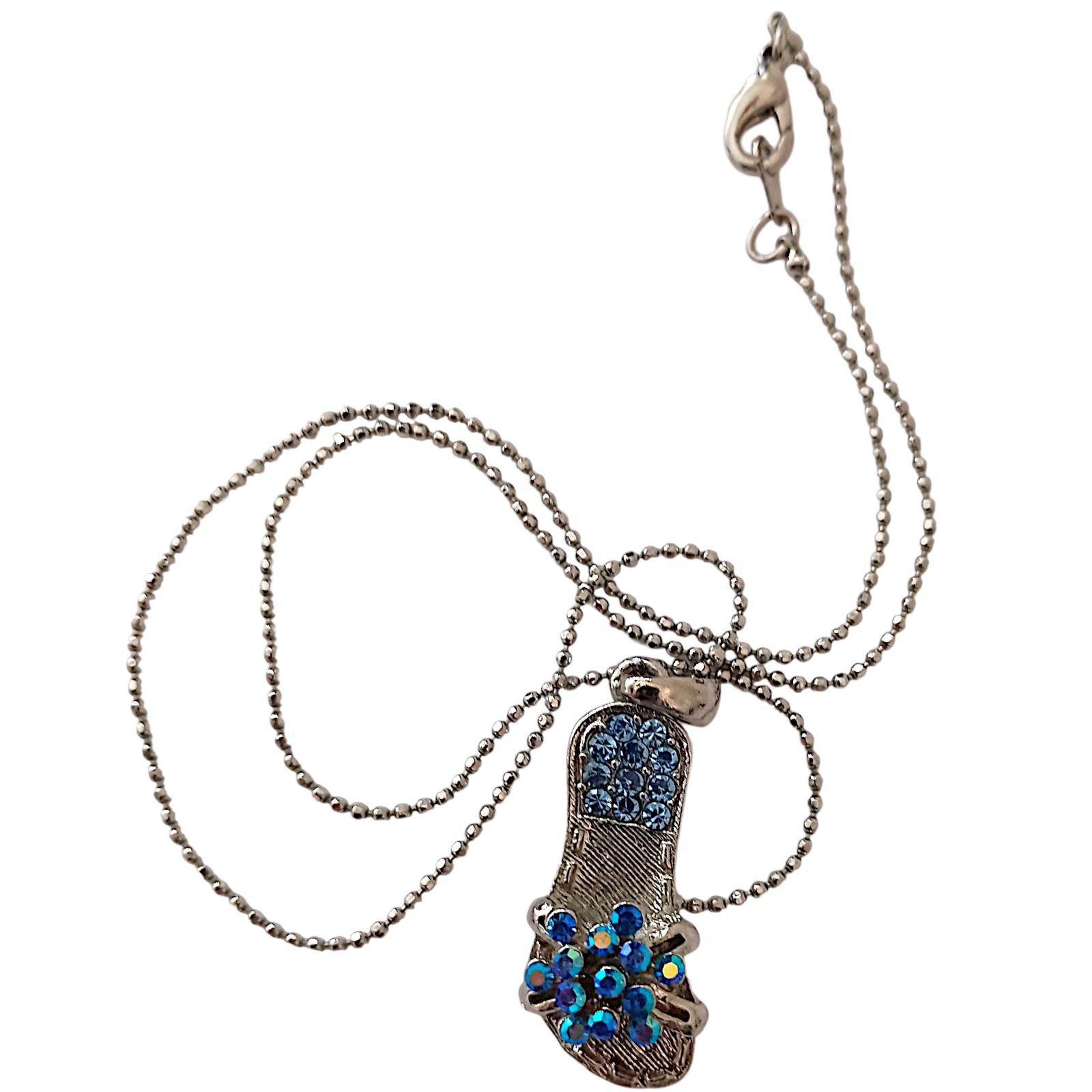 Vtg Blue Rhinestone Flip Flop Pendant Necklace Beach Coastal Y2K Silver Tone