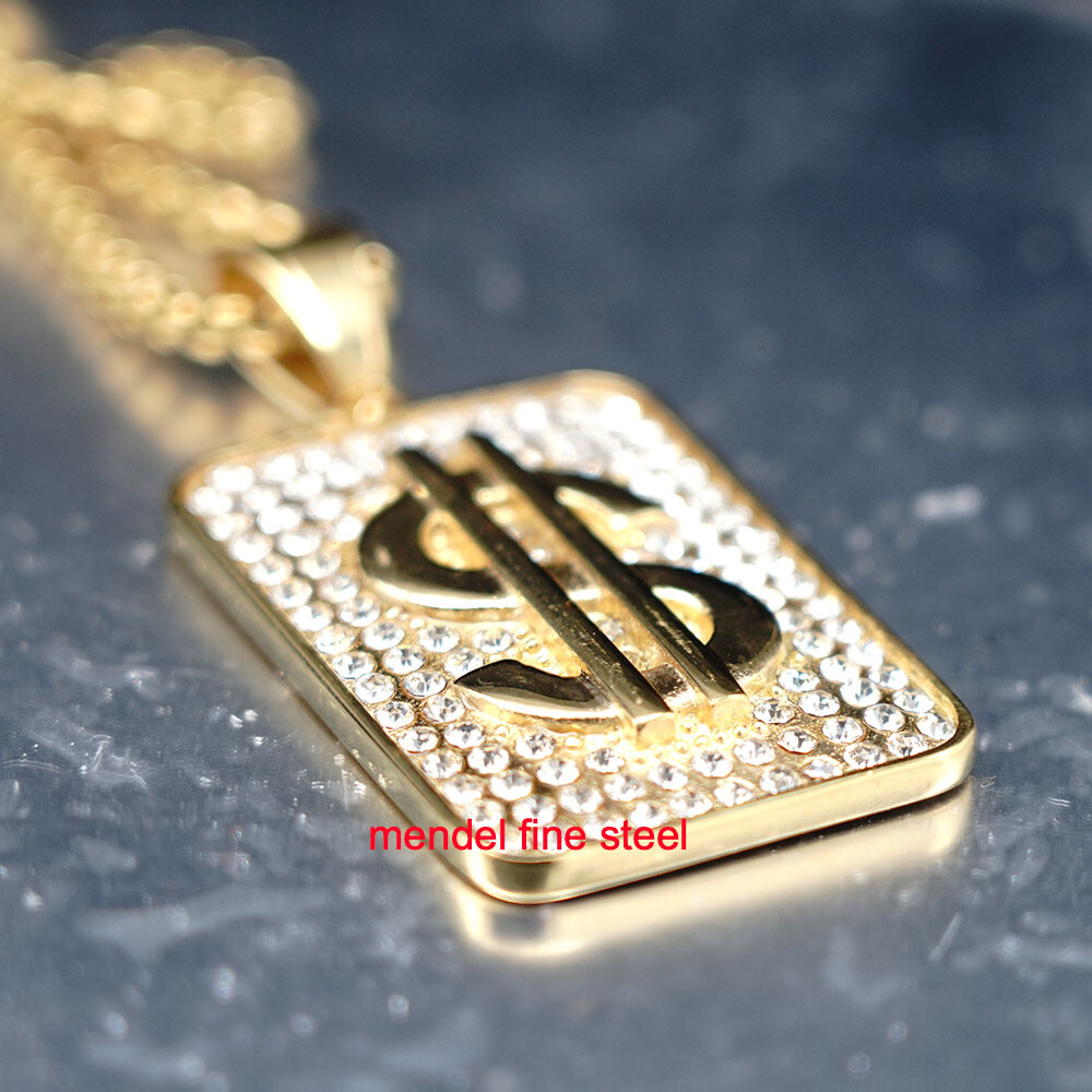 MENDEL Mens Gold Plated Hip Hop Dog Tag Bling Money Dollar Sign Pendant Necklace