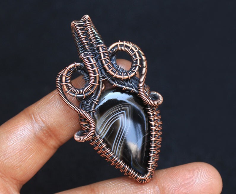 Halloween Gift Pendant Banded Agate Gemstone Jewelry Copper Wire Wrap N203