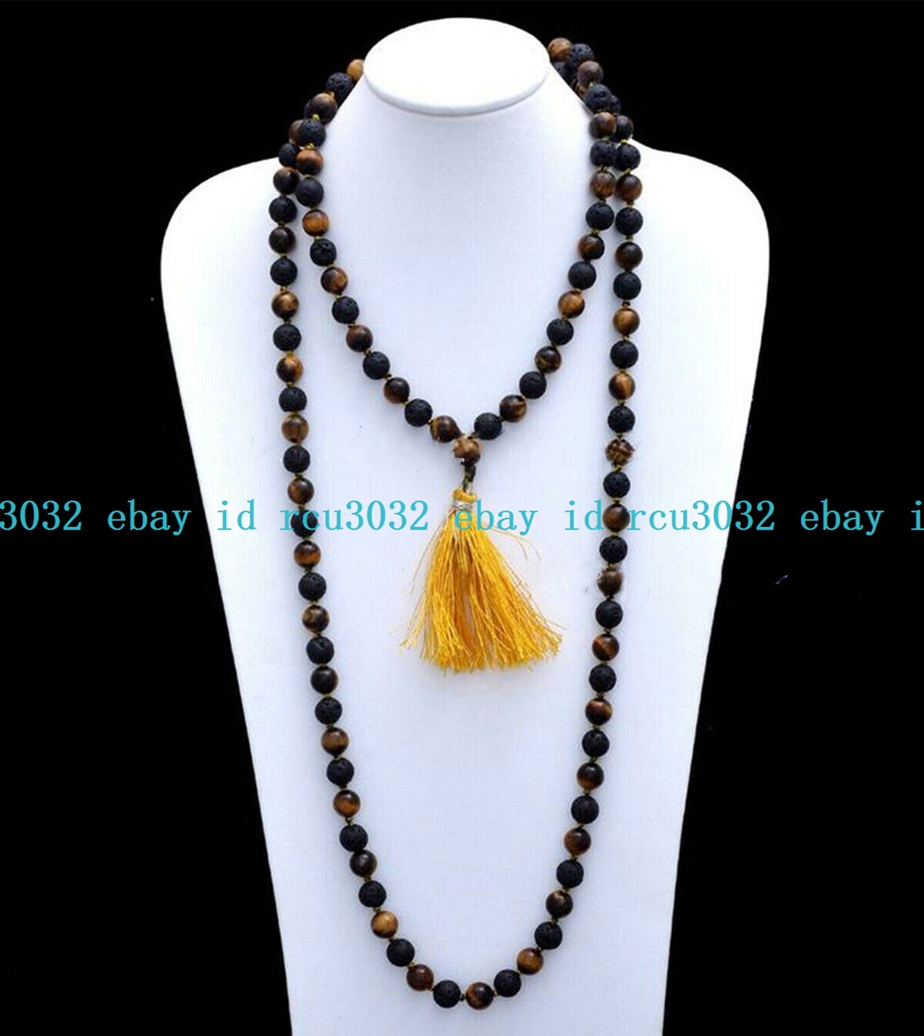 Natural Lava Rock Tiger’s Eye Gems Tibet Buddhist 108 Prayer Beads Mala Necklace