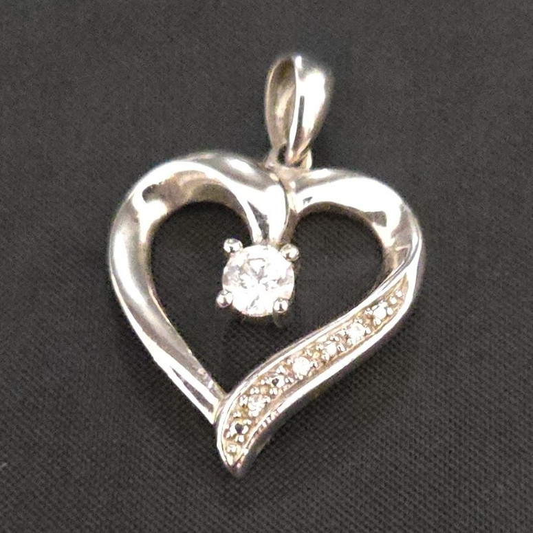 Sterling Silver 925 Heart Charm Pendant White/Colorless Round Stone Signed