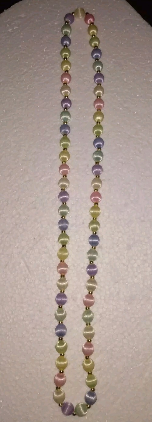 2 Necklaces W/ Silk Satin Thread Over Beads 28″ In Pastel Blue & Multicolors.