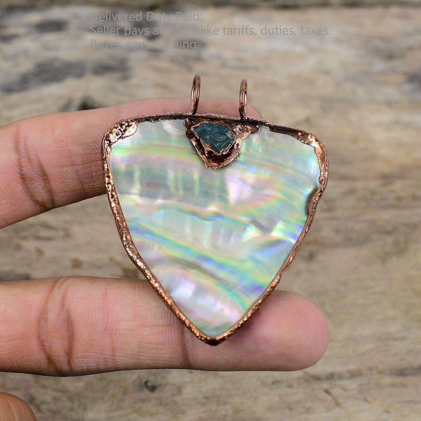 Trillion Abalone Shell Rough Stone Copper Daughter Electroformed Wedding Pendant
