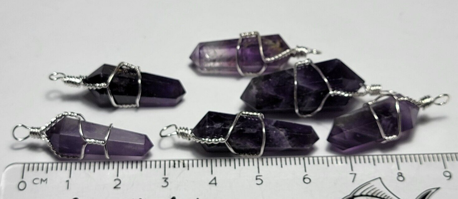 Genuine Amethyst crystal wire wrapped Pendant Lots of 6