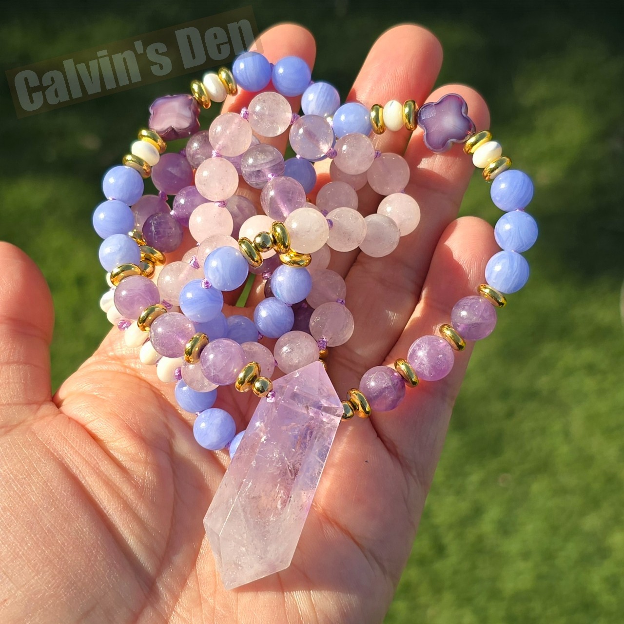 Amethyst Blue Lace Agate Rose Quartz Shell Bead Necklace + Crystal Point Pendant