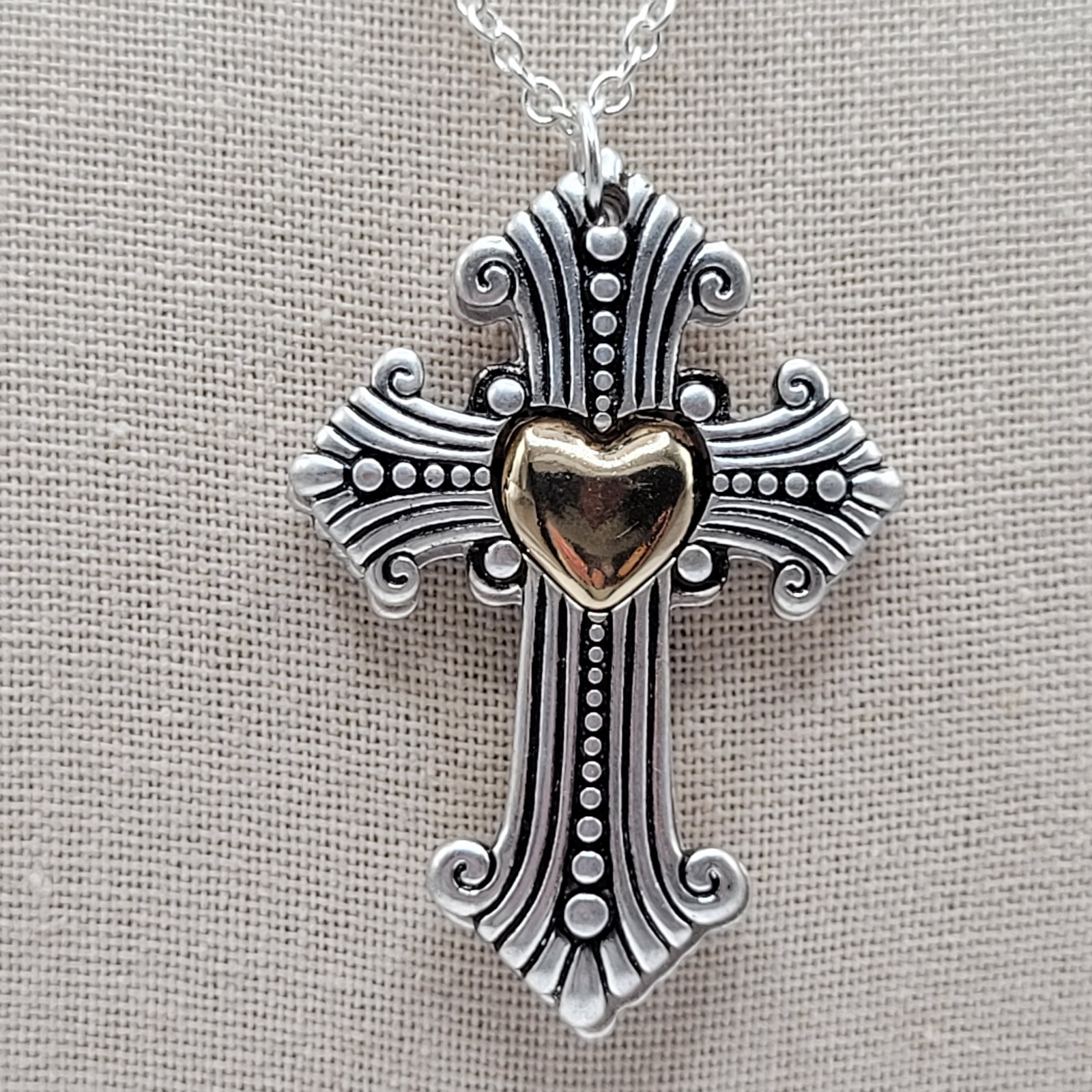 Modern Slide Cross Heart Charm Serenity Prayer Roman Style Silver Tone Necklace
