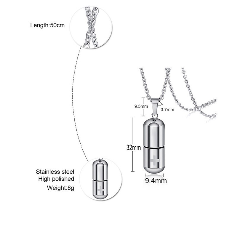 Silver Pendant Necklace Perfume Bottle Medical Pill Capsule Container Women Men