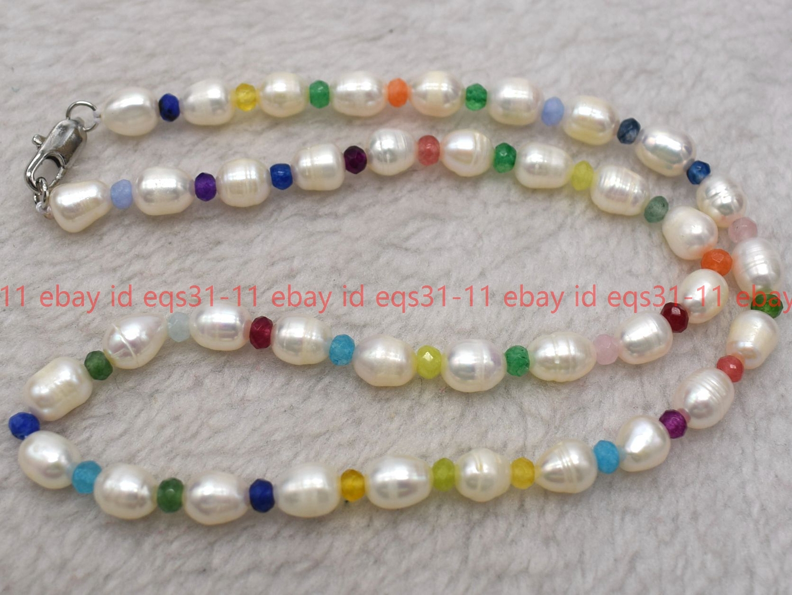 9-10mm White Baroque Pearl & 2x4mm Muliticolor Rondelle Jade Necklace 16-24″