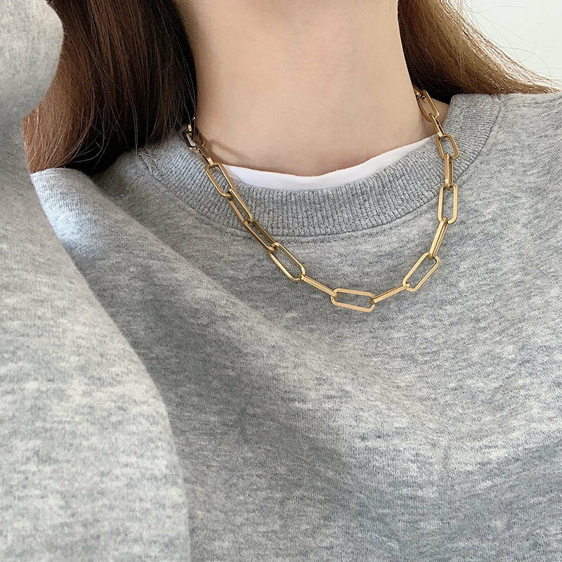8mm Woman 18K Gold Plated Stainless Steel Thick Heavy Paperclip Link Chain Rolo