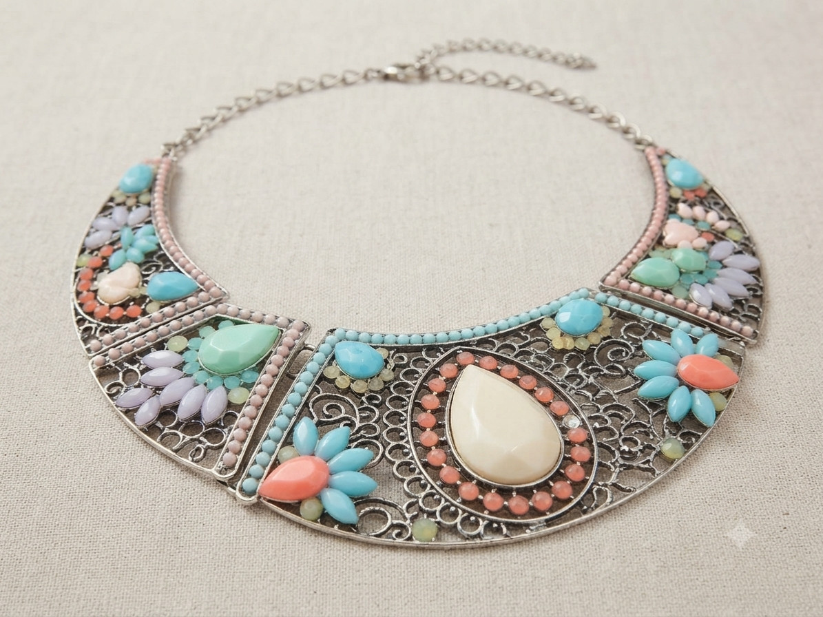 Retro Statement Collar Necklace Multi Color Beads Antique Silver Plated