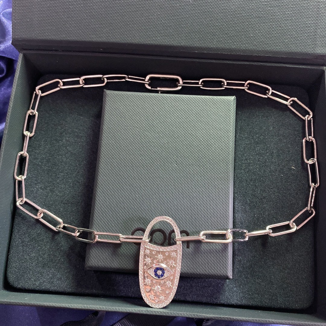 APM Monaco Evil Eye Crystal Padlock Chain Necklace Silver Tone Statement Jewelry