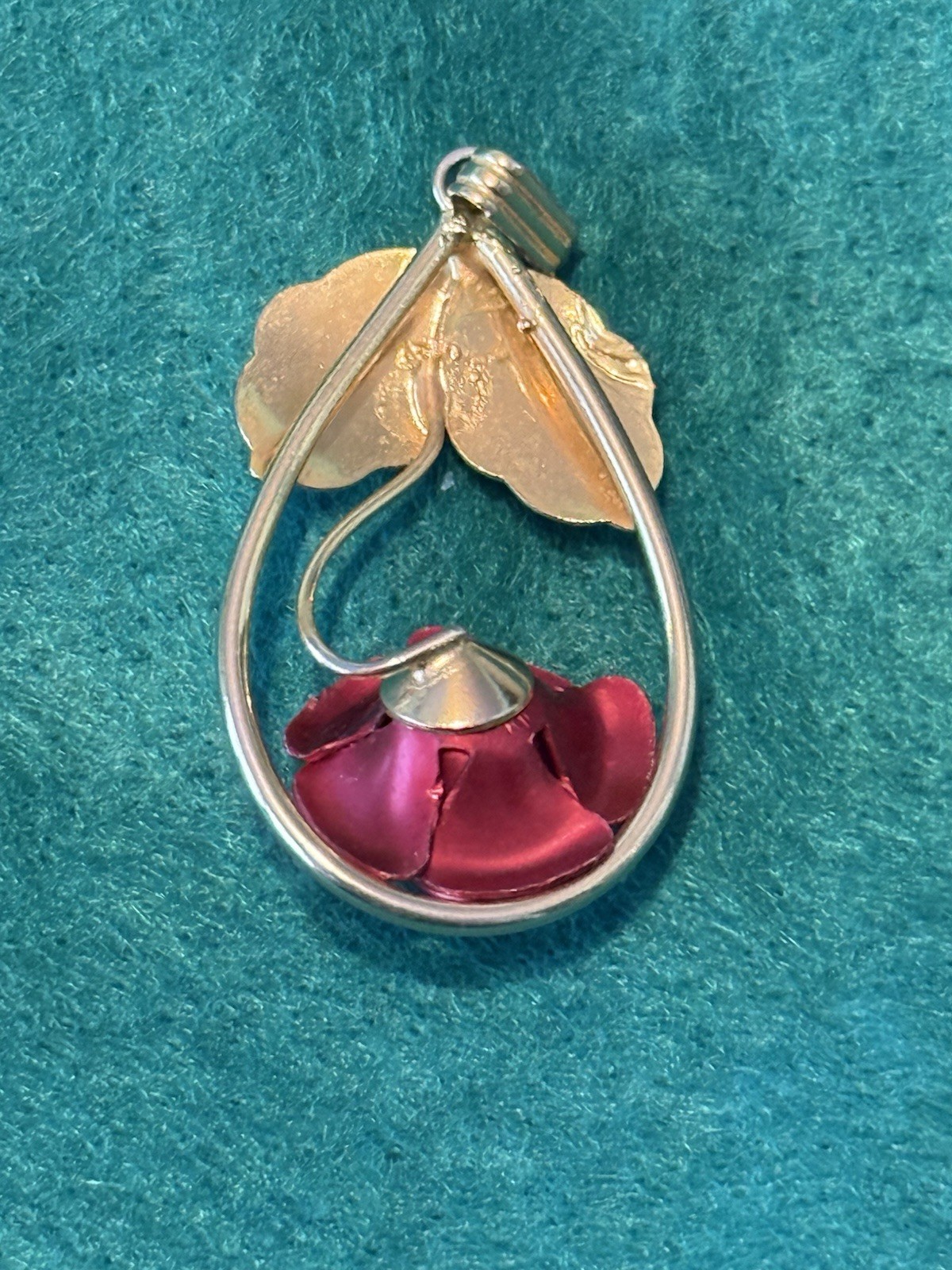 Vintage Gold Tone Teardrop Red Rose & Leaf Charm Pendant, Metal, Red, No Stone