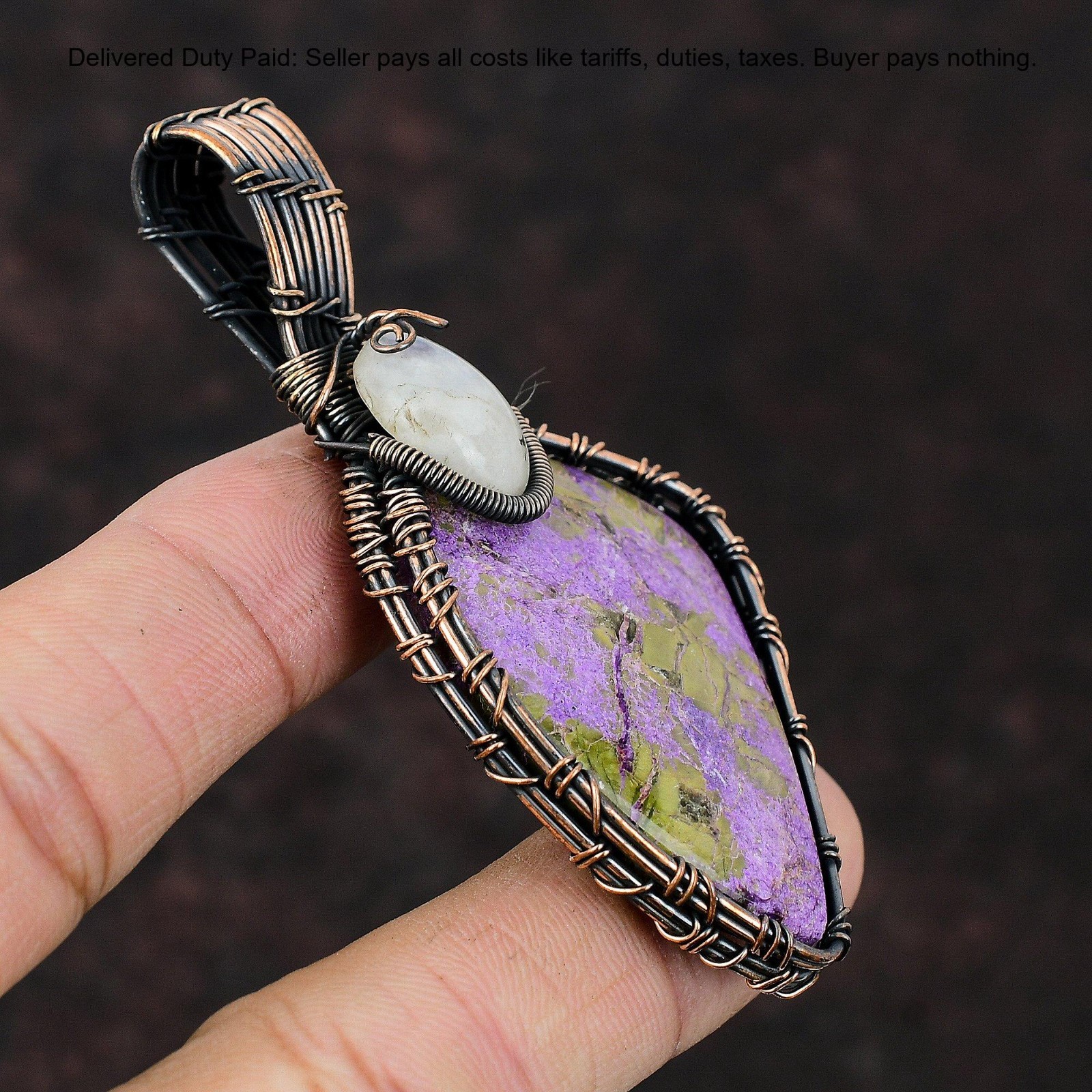 Copper Trillion Stichtite Gemstone Art Deco Daughter Wire Wrap Artisan Pendant