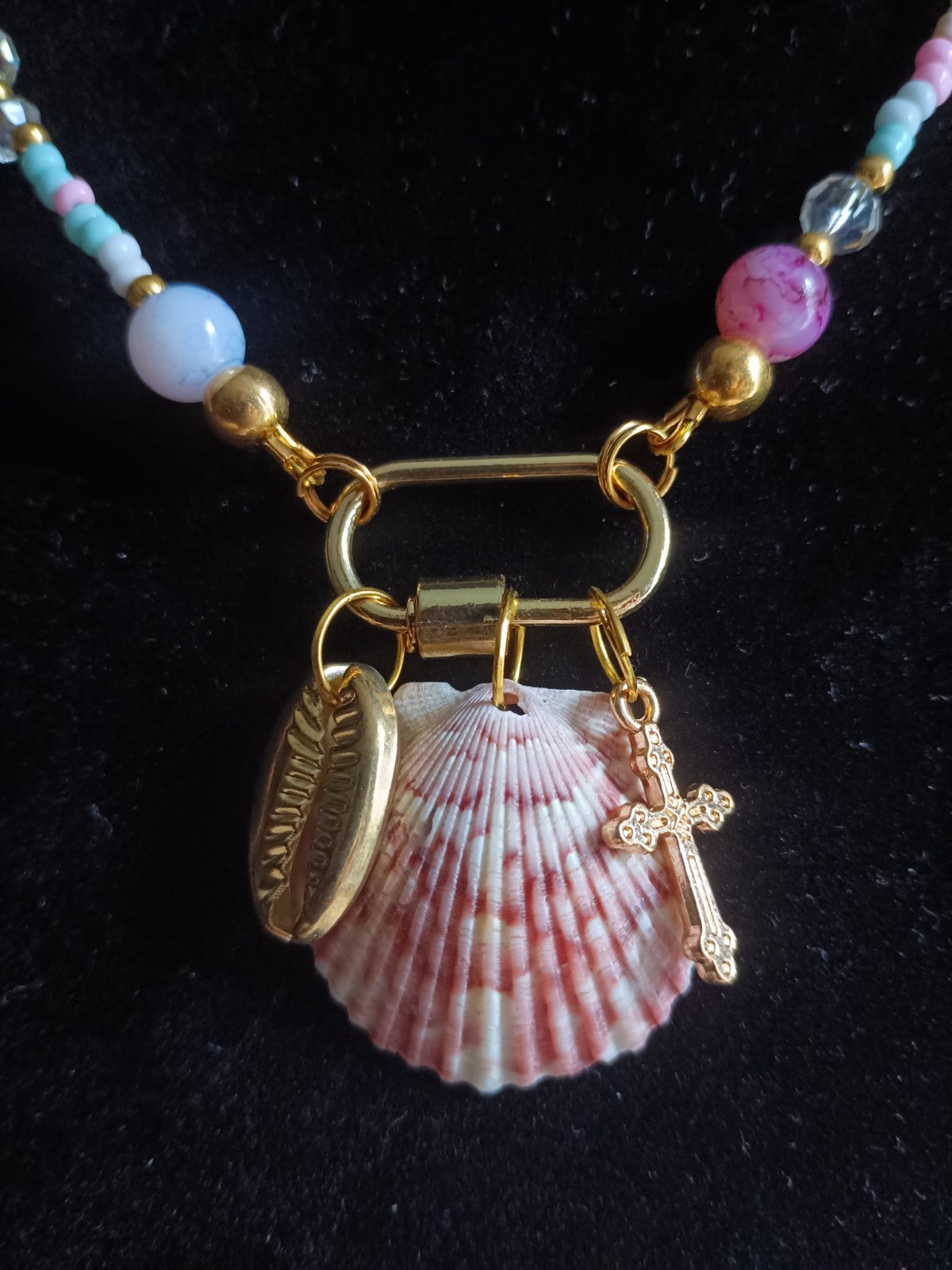 Handmade Beaded Ball/Bead Chain Necklace Pink Shell Pendant Cross Charm Beach