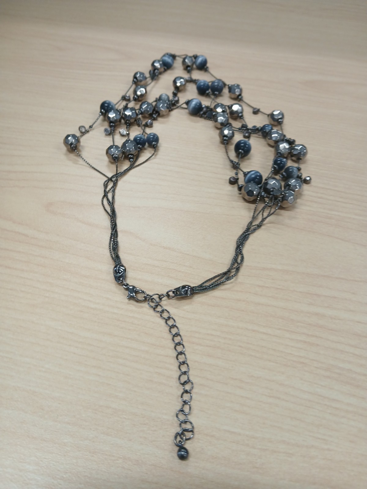 Blue Glass Round Bead Multi-Strand Statement Necklace Crystal Silver Lobster