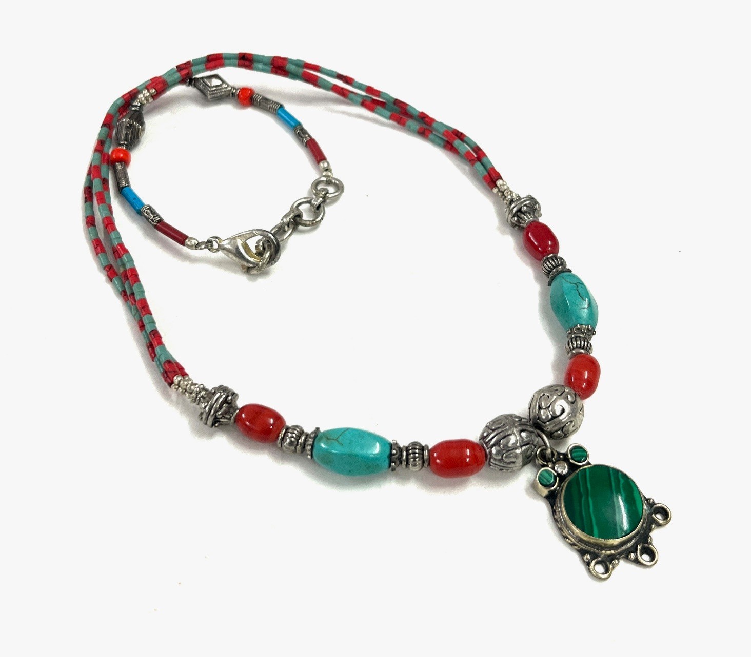 Turquoise Coral Gemstone Tibetan Statement Necklace Jewelry, 17 Inch Adjs