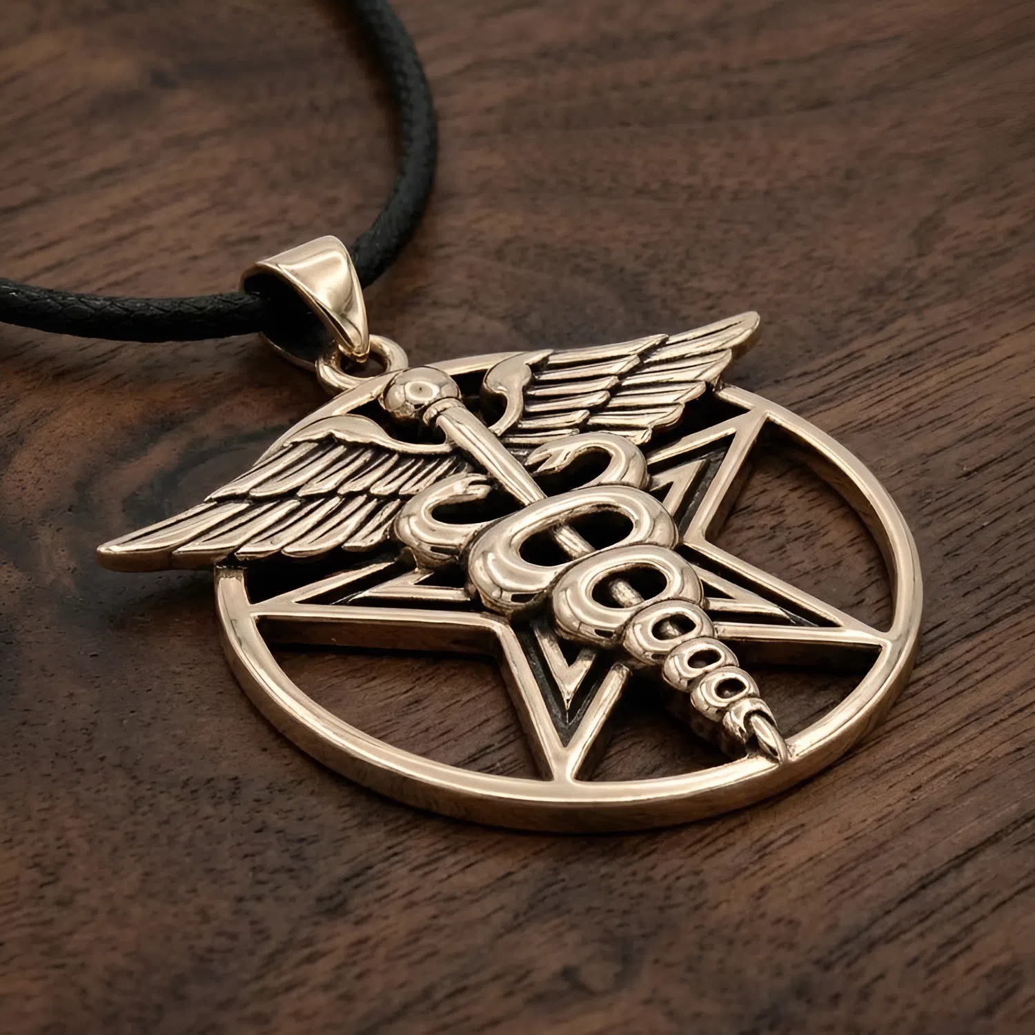 Bronze Caduceus Pentacle Pendant Necklace Jewelry Medical Pentagram