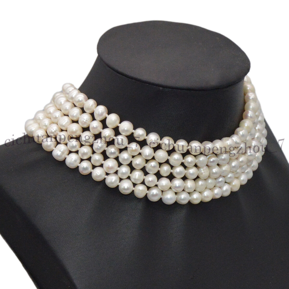 5 Rows Natural 7-8mm White Akoya Cultured Pearl Choker Layered Necklace 14.5”