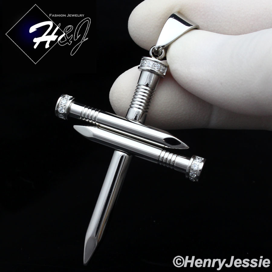 MEN’s Stainless Steel Silver Bling Cubic Zirconia Nail Cross Charm Pendant*P104