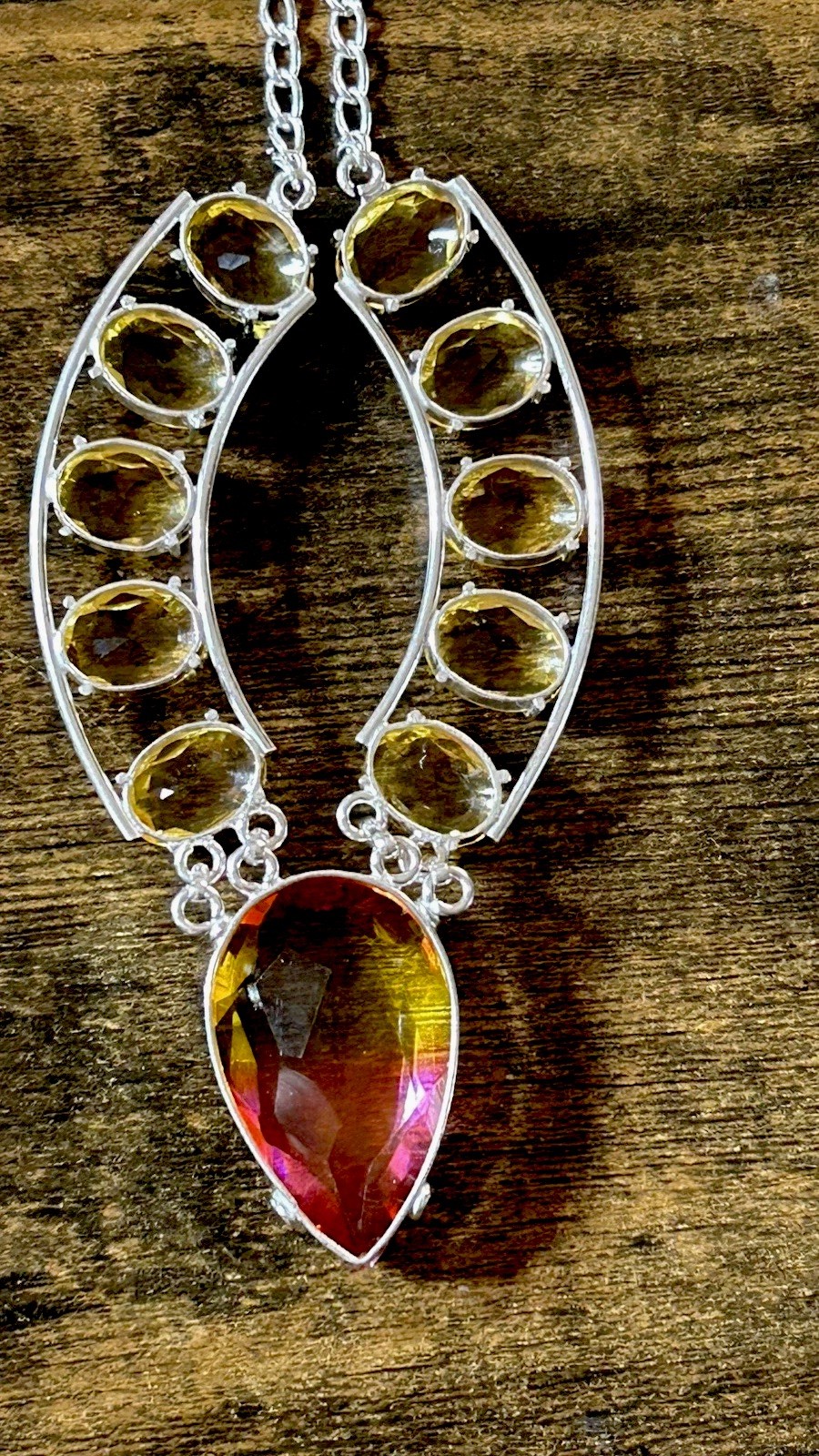 8417. Bi Color Tourmaline Citrine Gemstone 925 Silver Big Necklace 43 Gms