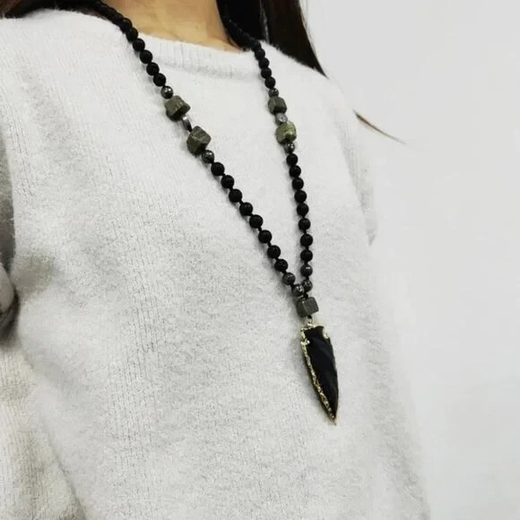 Lava Obsidian Mala Healing Amulet Protection Unisex Pendant Necklace