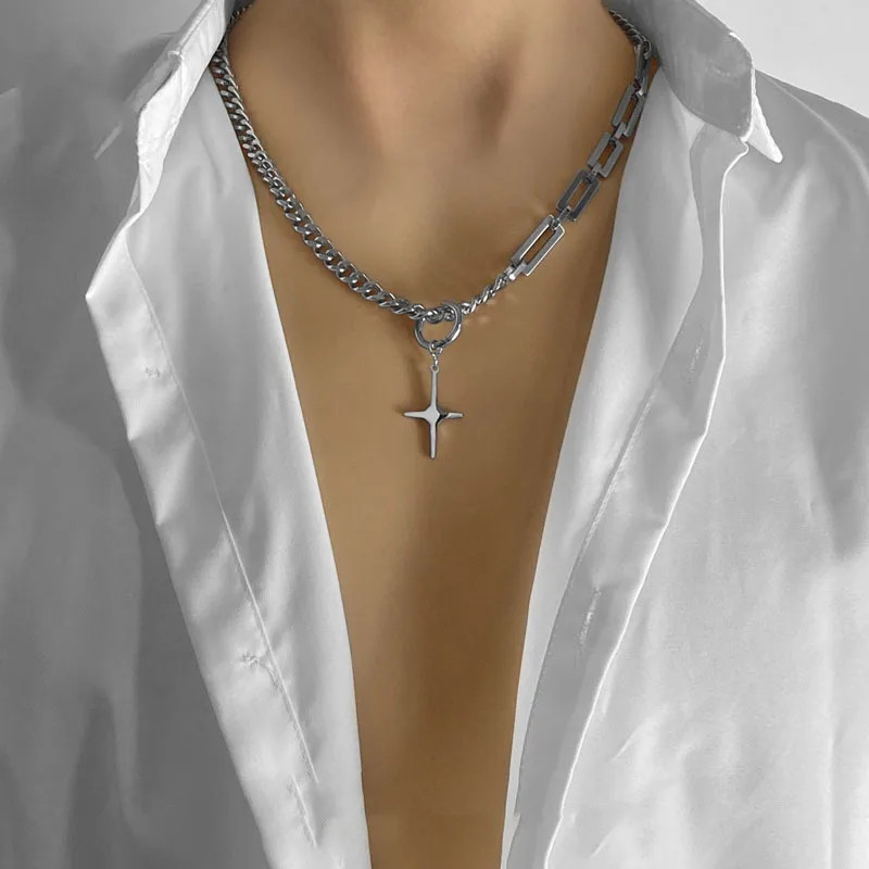 316L Stainless Steel Two Tone Chain Necklace for Men Black Square Tag