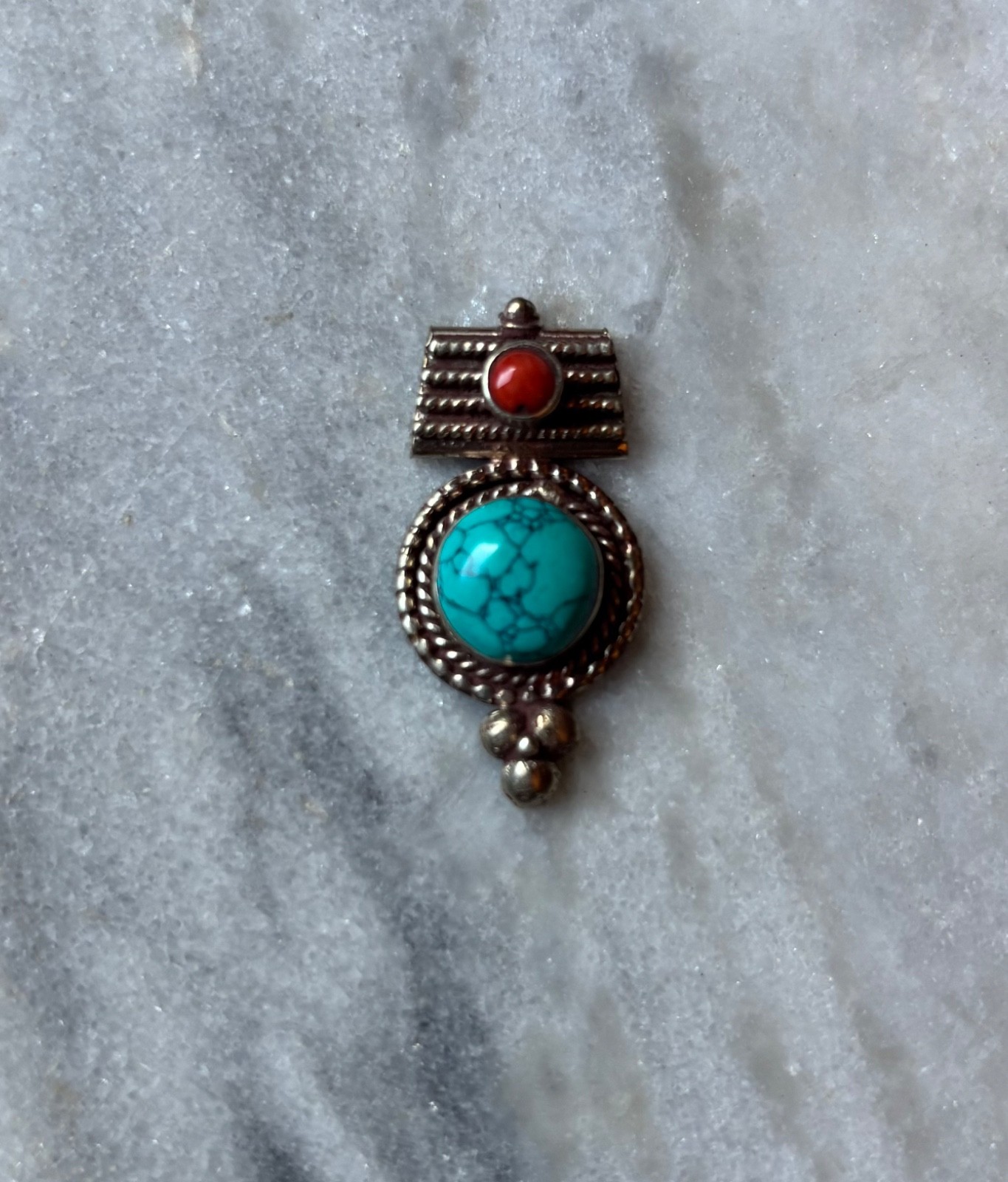 Turquoise, Coral, Tibetan Silver Bead w/5 holes for Necklace C643