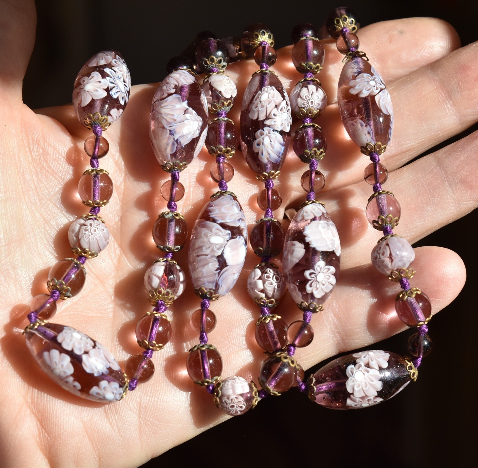 Vtg Venetian Murano Lavender Millefiori Glass Beaded Hand Knotted Necklace