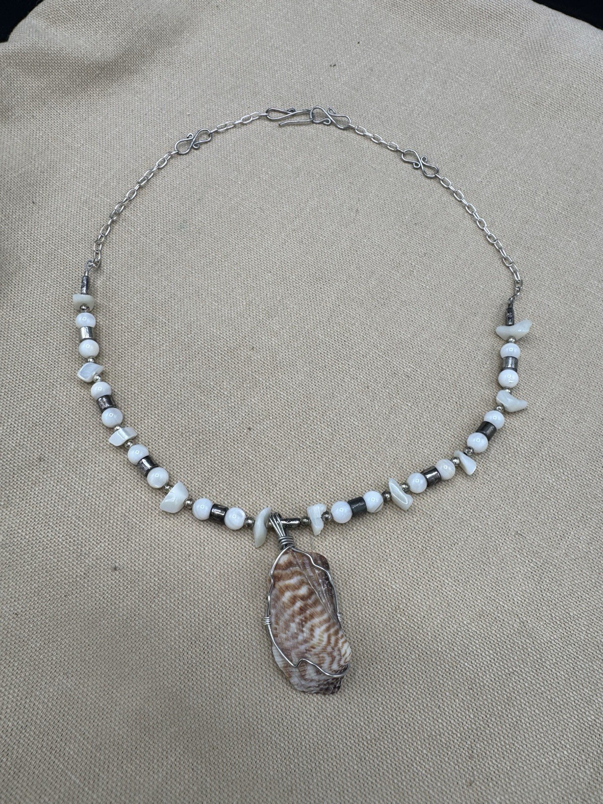 Shell Pendant Necklace Reversible Natural Shell Bead Boho Coastal 18.5”
