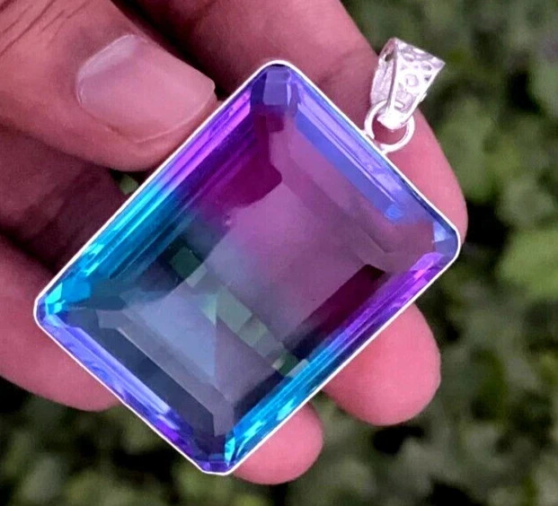 58 CT+ Flawless Bi-Color Tourmaline Pendant 925 Sterling Silver Plated Jewelry