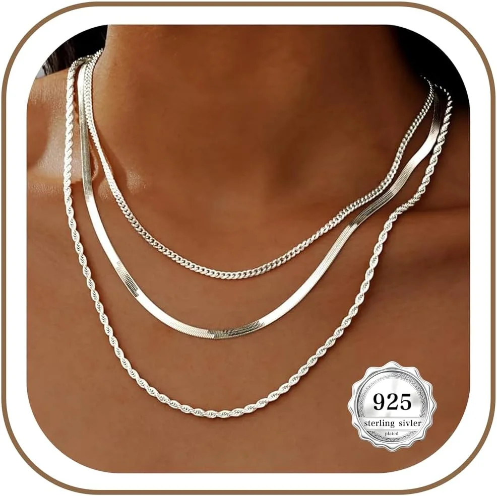 S925 Sterling Silver Plated Necklace Stack for Women,Waterproof Silver Layered H