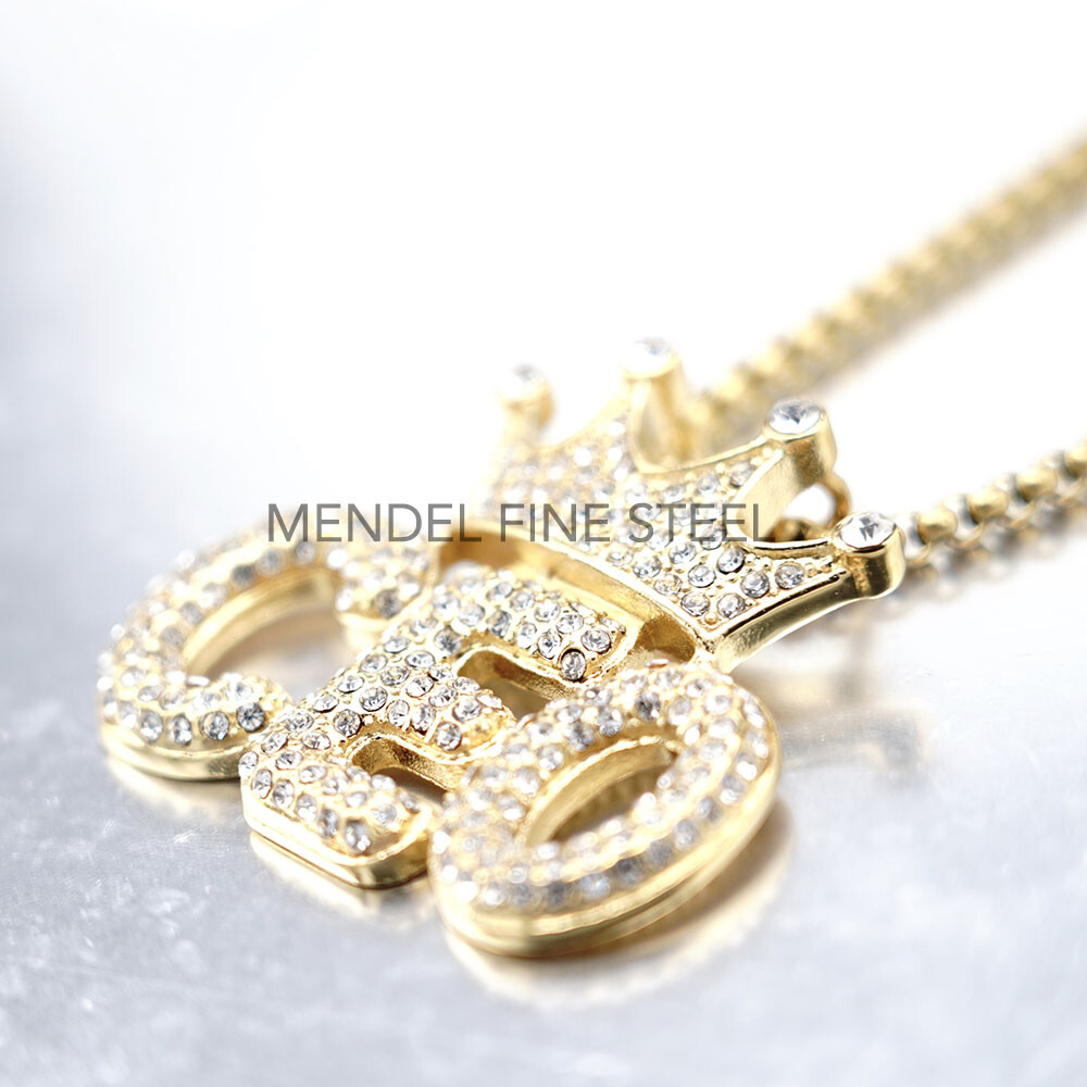 MENDEL Stainless Steel Mens Gold Plated Bling Hip Hop Crown Pendant Necklace Men
