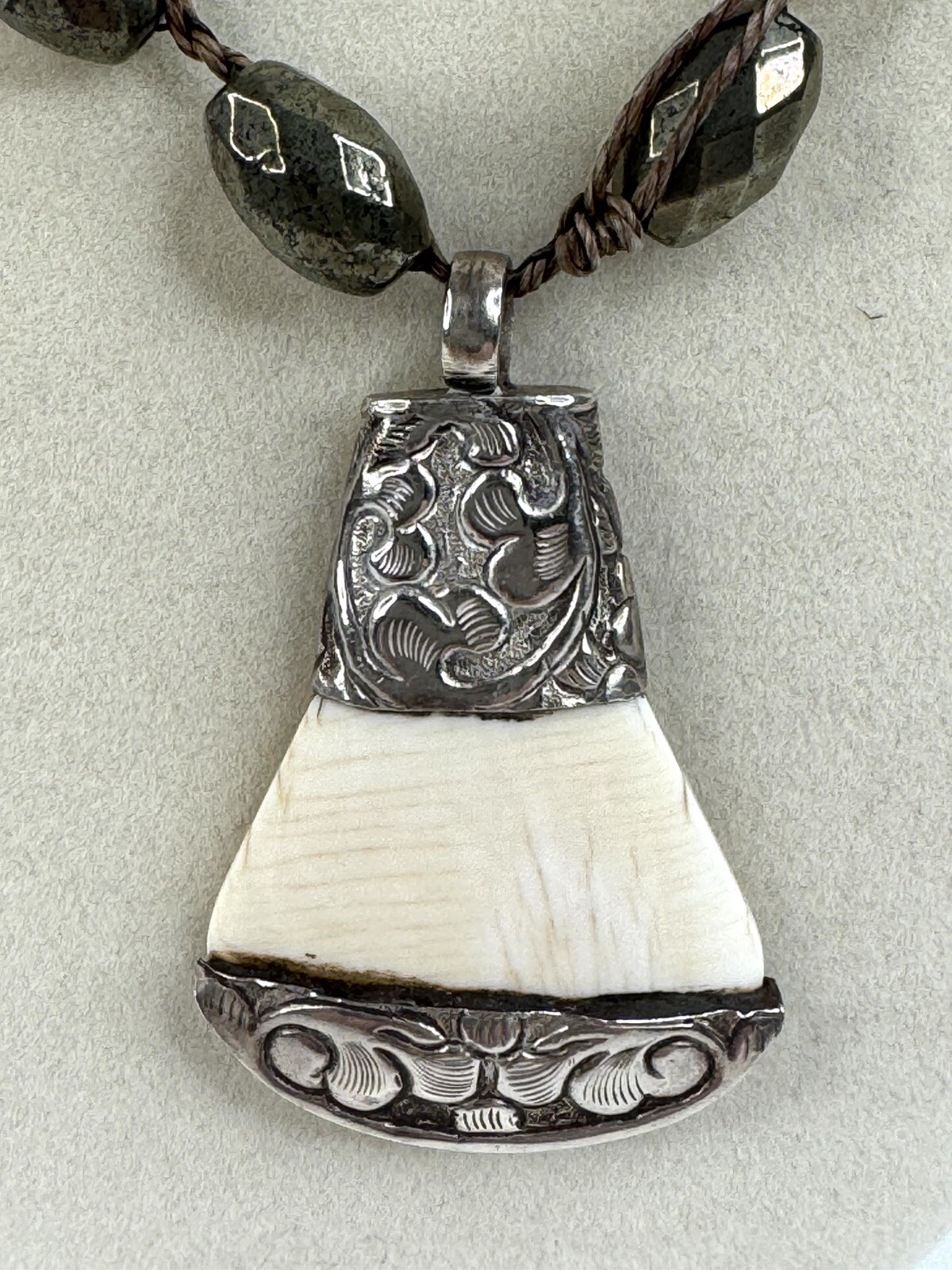 Conch Shell Pendant Necklace Pyrite Smoky Beads Silver Tone Boho Artisanal