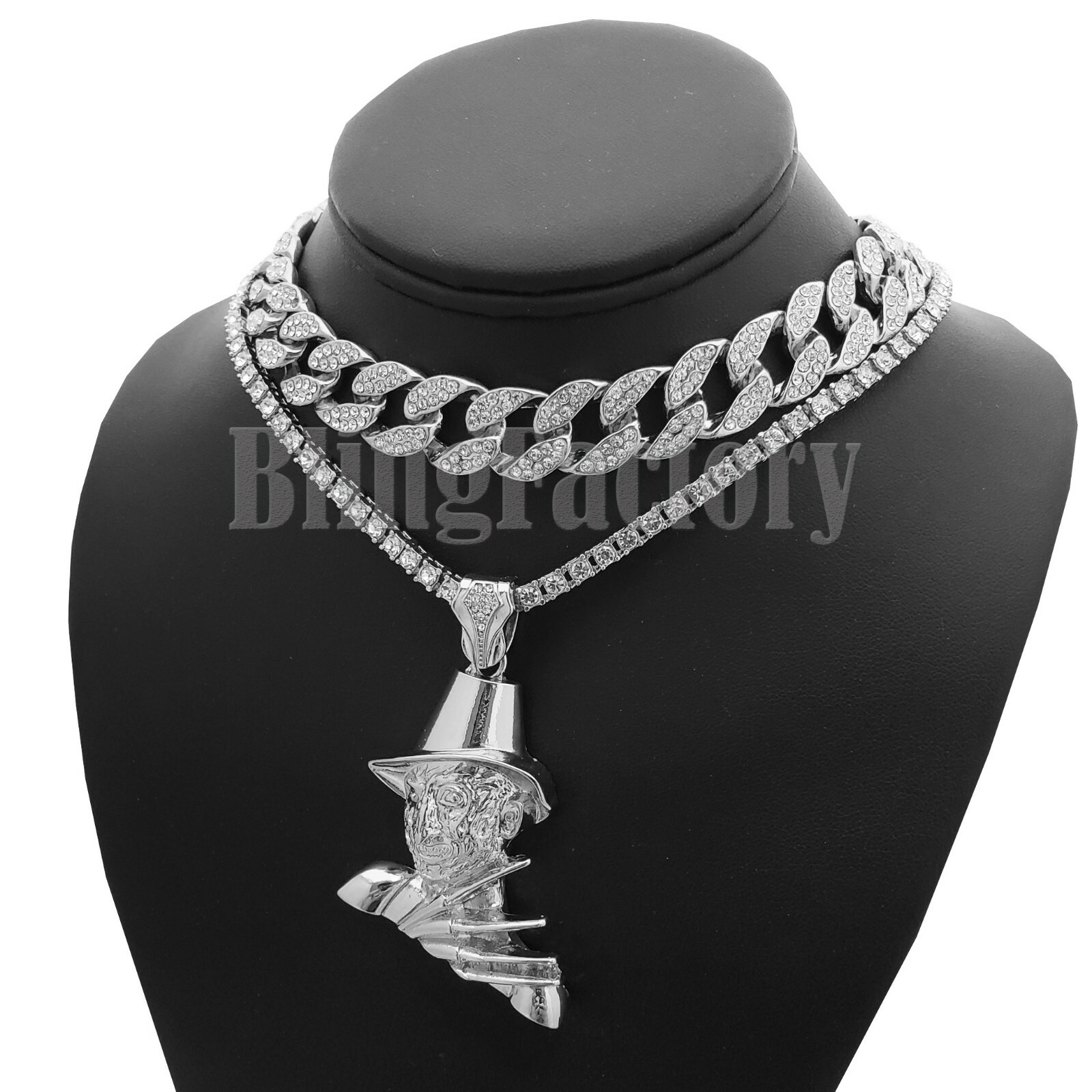 Hip Hop FREDDY KRUEGER pendant & 18″ Iced Cuban & 1 Row Diamond Choker Chain Set