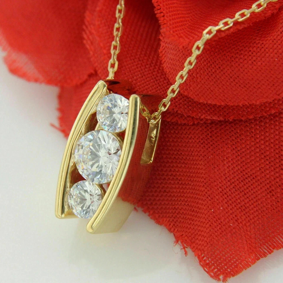 Three Stone Round 3 CT Simulated Diamond 14K Yellow Gold Plated Women Pendant