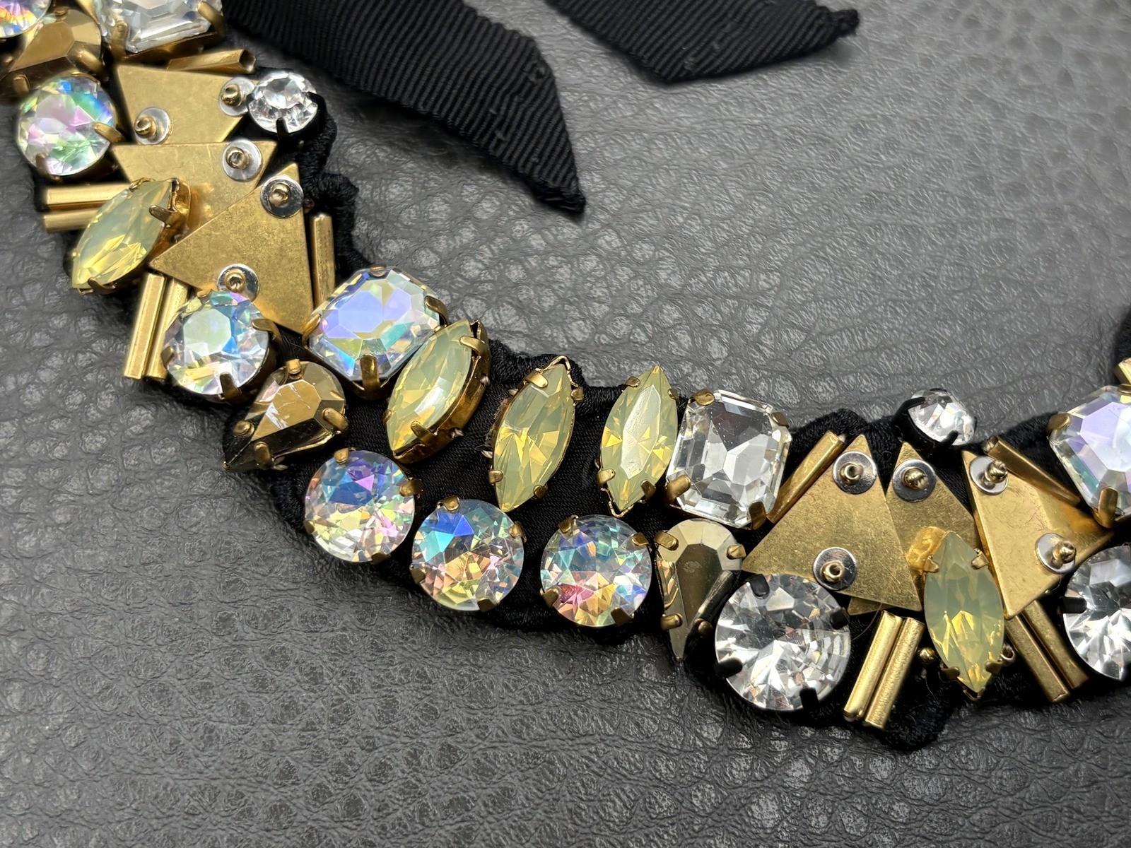 J Crew Crystal Rhinestone Statement Bib Necklace Black Fabric Ribbon Gold Tone