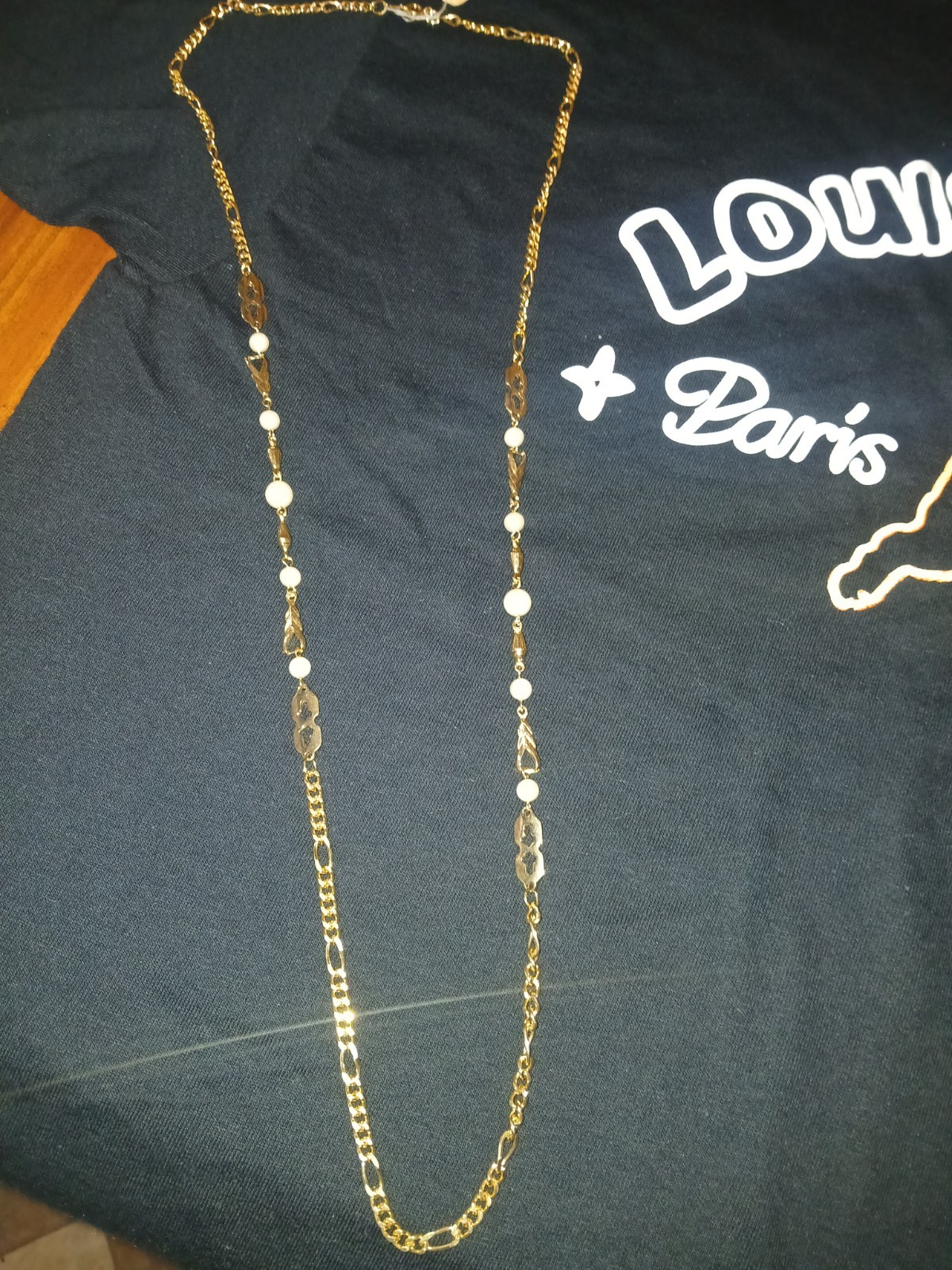 Gold Tone Figaro Chain Station Necklace White Round Pearl Bead Accents